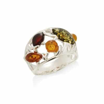 Bague ambre multicolore et argent - 57