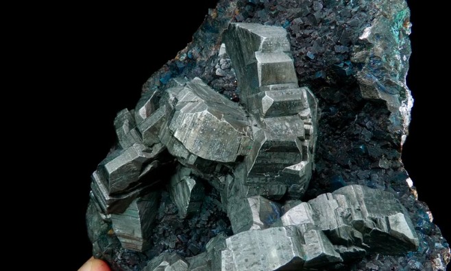 Bournonite on iridescent Sphalerite